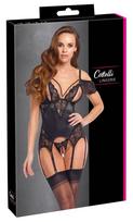 Cottelli Cottelli LINGERIE Basque Pearls XL - Black Satin & Lace Set with Pearls