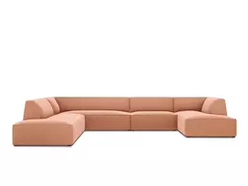 Velvet U formos kampinė sofa - kairė, Ruby, 7 sėdimos vietos, 366x273x69, rožinė