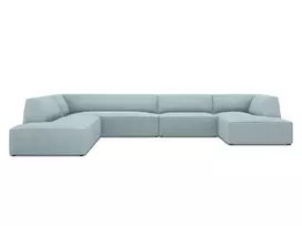 U formos kampinė sofa - kairė, Ruby, 7 sėdimos vietos, 366x273x69, šviesiai mėlyna