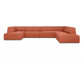 U formos kampinė sofa - dešinė, Ruby, 7 sėdimos vietos, 366x273x69, koralų spalvos