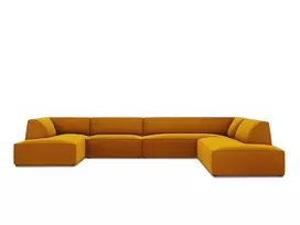 Velvet U formos kampinė sofa - dešinė, Ruby, 7 sėdimos vietos, 366x273x69, geltona