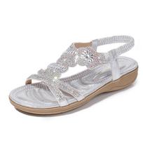 Madingi didelių dydžių 36-42 batai moterims Madingi kalnų krištolo sandalai Retro gėlių plokščiapadžiai paplūdimio Sandalias De Mujer Moteriška patogi avalynė 36 juoda