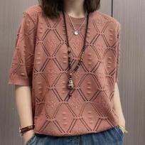 Spring and Summer Hollow Loose Knitted Top for Women Round Neck Casual Short Sleeve T-shirt for Women 3XL tamsiai ruda spalva