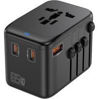 Kelioninis adapteris, 65W universalus kelioninis įkroviklis iPhone, nešiojamam kompiuteriui, A/C/G/I tipo (JAV/Jungtinė Karalystė/Europos Sąjunga/Australija) juoda