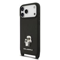 Karl Lagerfeld Saffiano Crossbody Strap Metal Karl and Choupette dėklas skirtas Apple iPhone 17 Pro Max juodos spalvos