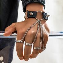 DIEZI Cuban Link Chain Finger Ring Bracelet For Men Women Vintage Black PU Leather Rivet Wrap Bracelet Cosplay Gift New Jewelry