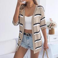 HNXC Spring Summer Casual Striped Cutout Mid-sleeved Knitted Sweater Vacation Cardigan Women's Wear XL bordinė