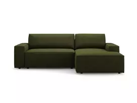 Boucle kampinė sofa - dešinė lova su patalynės dėže, Jodie, 3 sėdimos vietos, 246x151x86, tamsiai alyvuogių žalia