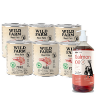 WILD FARM Pate Pork 6x800g ėdalas šunims be glitimo +LAB V Lašišų aliejus šunims ir katėms 1000ml