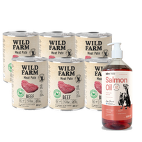WILD FARM Pate Beef 6x800g ėdalas šunims be glitimo + LAB V Lašišų aliejus šunims ir katėms 1000ml