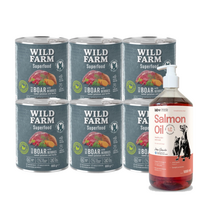 WILD FARM Superfood Wild Boar (elniena su batatais, uogomis ir žolelėmis) 6x800 g pašaro šunims be grūdų + LAB V Lašišų aliejus šunims ir katėms 1000ml