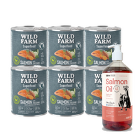 WILD FARM Superfood Salmon (lašiša su cukinijomis, saldžiosiomis bulvėmis ir žolelėmis) 6x800 g pašaro šunims be grūdų + LAB V Lašišų aliejus šunims ir katėms 1000ml