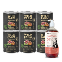 WILD FARM Monoprotein Pork 6x800g hipoalerginis maistas šunims + LAB V Lašišų aliejus šunims ir katėms 1000ml