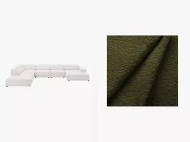 Boucle modulinė U formos kampinė sofa - kairė, Jodie, 7 sėdimos vietos, 364x262x70, tamsiai alyvuogių žalia