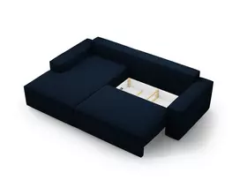 Boucle kampinė sofa - kairė lova su patalynės dėže, Jodie, 3 sėdimos vietos, 246x151x86, tamsiai mėlyna