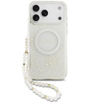 Baltas dėklas Apple iPhone 17 Pro Max telefonui "Guess IML Flowers Allover Strap MagSafe Case"