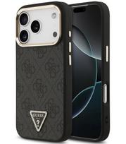 Juodas dėklas Apple iPhone 17 Pro telefonui "Guess PU Leather 4G Strass Triangle Logo Gold Frame MagSafe Case"