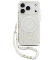 Baltas dėklas Apple iPhone 17 Pro telefonui "Guess IML Flowers Allover Strap MagSafe Case"