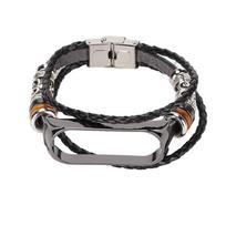 Leather Strap Compatible for Xiaomi Mi Band 6 Bracelets Ethnic Style Retro Watch Band Wristbands Black Silver