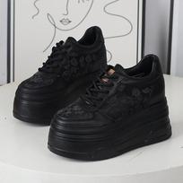 Fashion 12CM Air Mesh Genuine Leather Loafer Platform Wedge Flats Comfy Chunky Sneaker Hollow Women Sandals Vulcanize Summer Shoes 34 juoda