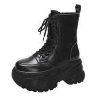 Fashion Winter Goth Platform Mid-Calf Boots 2024Autumn 8.5CM Leather High Heels Motorcycle Shoes Women Chunky Punk Sneakers Chelsea Boot 34 juoda