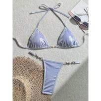 Shiny Pink Micro Bikini 2025 Mujer Women Sexy PU Pearls Push Up Thong Swimsuit Summer Bathing Suit Bandage Holiday Swimwear S balta
