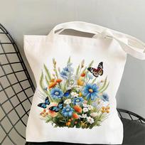 Spring Floral Grass Print Canvas Tote Bag Trendy Functional Bag Ideal For Commuting Shopping And Carrying Daily Necessities