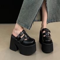 Madingi 11cm platformos kulniukų batai Juodos uždaros nosies šlepetės Punk sagties platforminiai stori kulniukų sandalai Vasaros moteriški laisvalaikio Sandalias Mujer 34 juoda