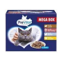 PREVITAL šlapias kačių ėdalas Megabox su ėriena, jautiena, triušiena ir vištiena padaže – 24 x 100 g