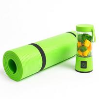 Nešiojamas USB trintuvas 380 ml su žaliu jogos ir mankštos kilimėliu – sporto rinkinys, žalias