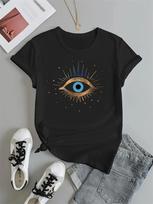 Women's Evil Eye Graphic Print T-shirt - Short Sleeve Crew Neck Casual Top for Summer & Spring S