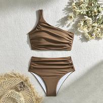 Seksualūs vieno peties bikini maudymosi kostiumai moteriški maudymosi kostiumai Push Up moteriški paplūdimio maudymosi kostiumai dviejų dalių bikini komplektas S juoda
