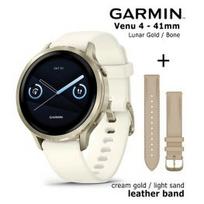 GARMIN Venu 4 - 41mm, Lunar Gold + Cream Gold / Light Sand Leather band sportinis laikrodis 010-03013-00 / 010-12932-60