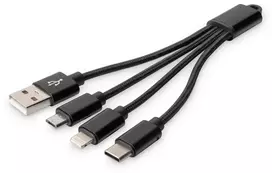 Digitus 3-in-1 charging cable, USB-A to Lightning + Micro USB + USB-C, black