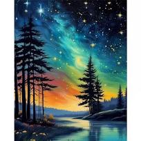 Tapybos pagal skaičius rinkinys „Žvaigždėtas dangus virš miško“ (40×50 cm, be rėmelio) su aukštos kokybės akriliniais dažais – kūrybiška veikla ir įspūdingas paveikslas jūsų namams.