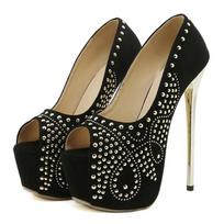 Fashion Black Rivet Design Ultra High Heel Women Pumps Sexy Peep Toe Thin High Heels Platform Stiletto High Heels Nightclub Dress Shoes 35