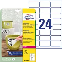 Lipnios etiketės Avery Zweckform, A4, atsparios drėgmei, 63.5x33.9mm, 24 etiketės lape, 20 lapų, matinės, baltos spalvos