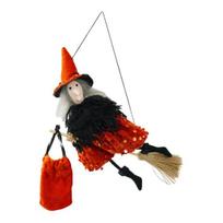 Helovino pakabinamas raganos dekoras, pakabinama raganos lėlė, ornamentas, maža skraidanti raganos figūrėlė ant šluotos sodui, kiemui, vaiduoklių namams Helovino dekoras raudona