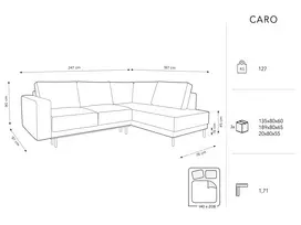 Kampinė Sofa lova - dešinė, Caro, 5 sėdimos vietos, 247x187x90, mėlyna