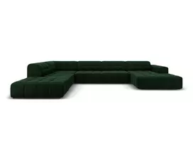 Velvet U formos kampinė sofa - kairė, Jennifer, 7 sėdimos vietos, 364x262x70, butelio žalia