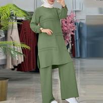 Muslim women's two-piece sportswear parallel bars temperament elegant solid color long-sleeved shirt wide-leg pants set S žalia