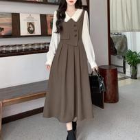 Spring Autumn Elegant Fashion Fake Two Pieces A-line Dress Ladies Long Sleeve Vintage Patchwork Robe Vestidos S ruda