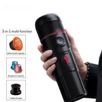 Daugiafunkcinis trys viename nešiojamas automobilinis kelioninis kavos aparatas kapsulėms DC12V su USB įkrovimo laidu kintamosios srovės adapteris 60ml Black