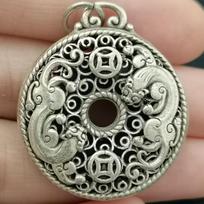 3.5Cm Rare Old China Miao Silver Feng Shui 2 Pixiu Beast Luck Necklace Pendant CHINA
