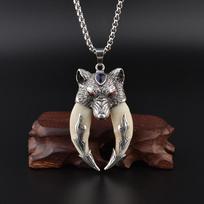 Antique Double Boar Tooth Silver Wolf Protective Talisman Pendant Necklace Gift CHINA