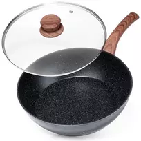Aliumininė keptuvė su granitine danga ir stiklo dangčiu Vilde Black&Wood 28 cm, 3,5 l