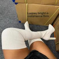 Madingi moteriški virš kelių žieminiai megzti elastiniai kojinės batai, šilti seksualūs smailūs stiletų kulniukai, ilgi batai 36-43 botas mujer 36 ruda