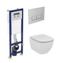 WC komplektas Ideal Standard: potinkinis WC bakelis su rėmu ir chromuotu klavišu, klozetas Tesi AquaBlade, WC dangtis su Soft Close sistema