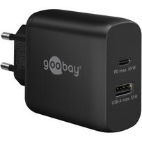 USB-C Dual-Schnellladegerät, PD, GaN, 65 Watt (schwarz, 1x USB-C, 1x USB-A, Power Delivery)