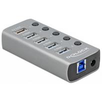 USB 3.2 Gen 1 Hub mit 4 Ports + 1 Schnellladeport + 1 USB-C PD 3.0 Port, USB-Hub grau, mit Schalter und Beleuchtung